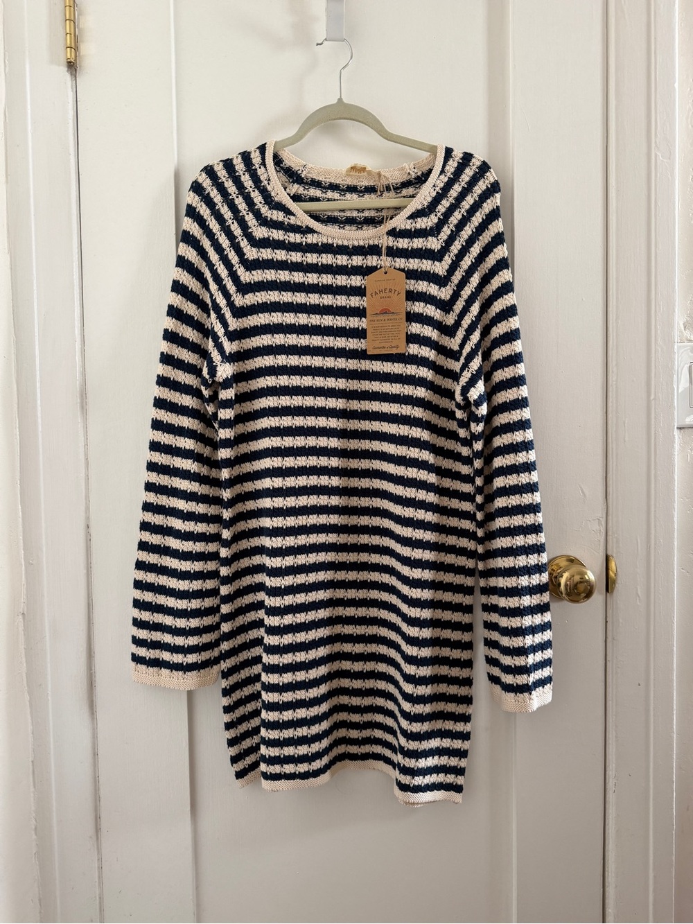 Faherty Navy and Cream Striped Crochet Dress